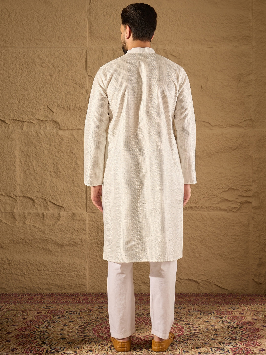 Ethnic Bay Men White Silk Blend Solid Embroidered Straight Kurta with Trouser-MKSET1286