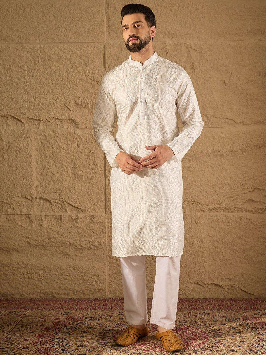 Ethnic Bay Men White Silk Blend Solid Embroidered Straight Kurta with Trouser-MKSET1286