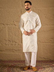Ethnic Bay Men White Silk Blend Solid Embroidered Straight Kurta with Trouser-MKSET1286