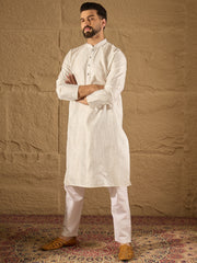 Ethnic Bay Men White Silk Blend Solid Embroidered Straight Kurta with Trouser-MKSET1286