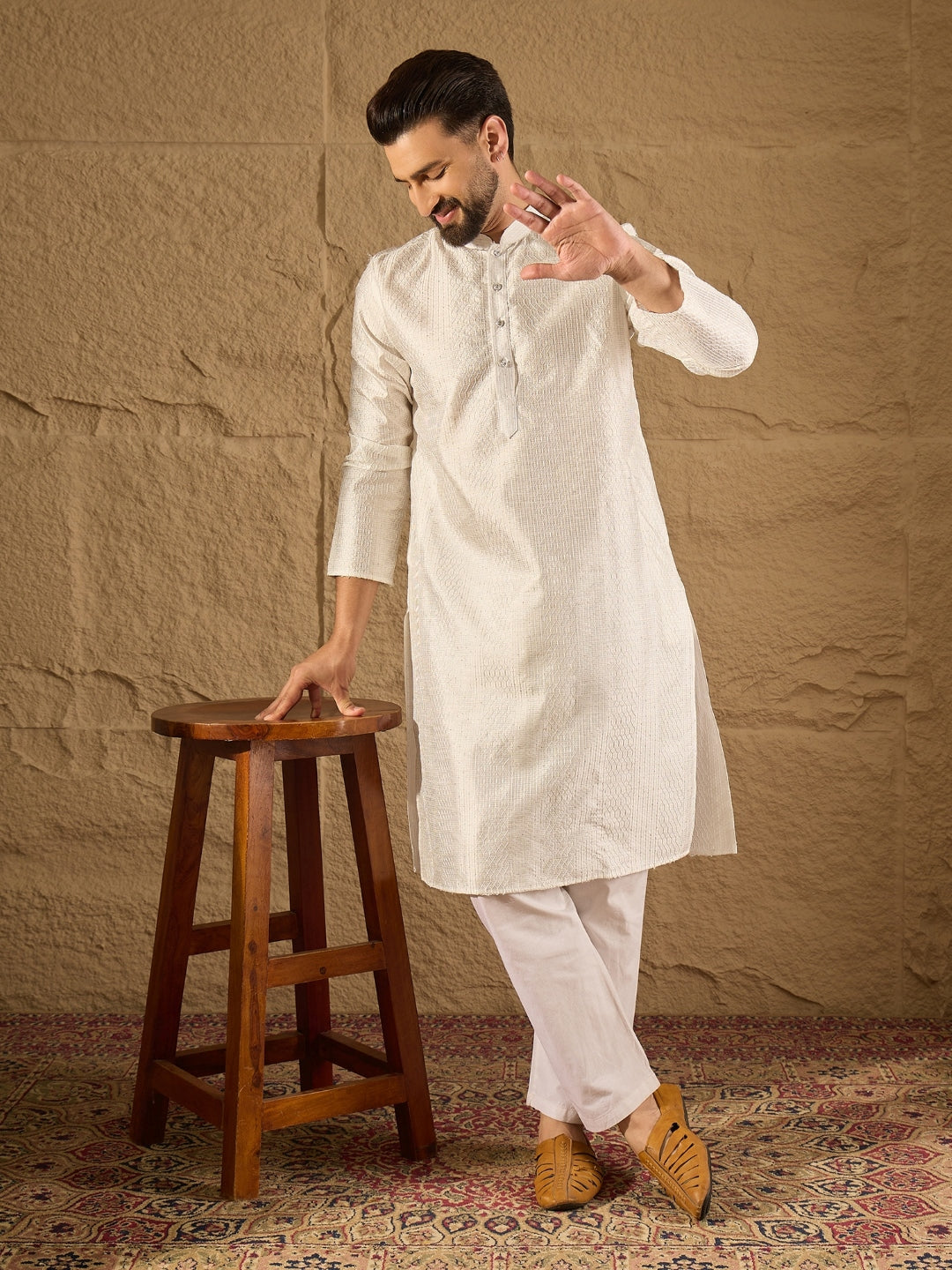 Ethnic Bay Men White Silk Blend Solid Embroidered Straight Kurta with Trouser-MKSET1286