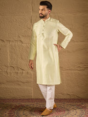 Ethnic Bay Men Green Silk Blend Solid Embroidered Straight Kurta with Trouser-MKSET1287