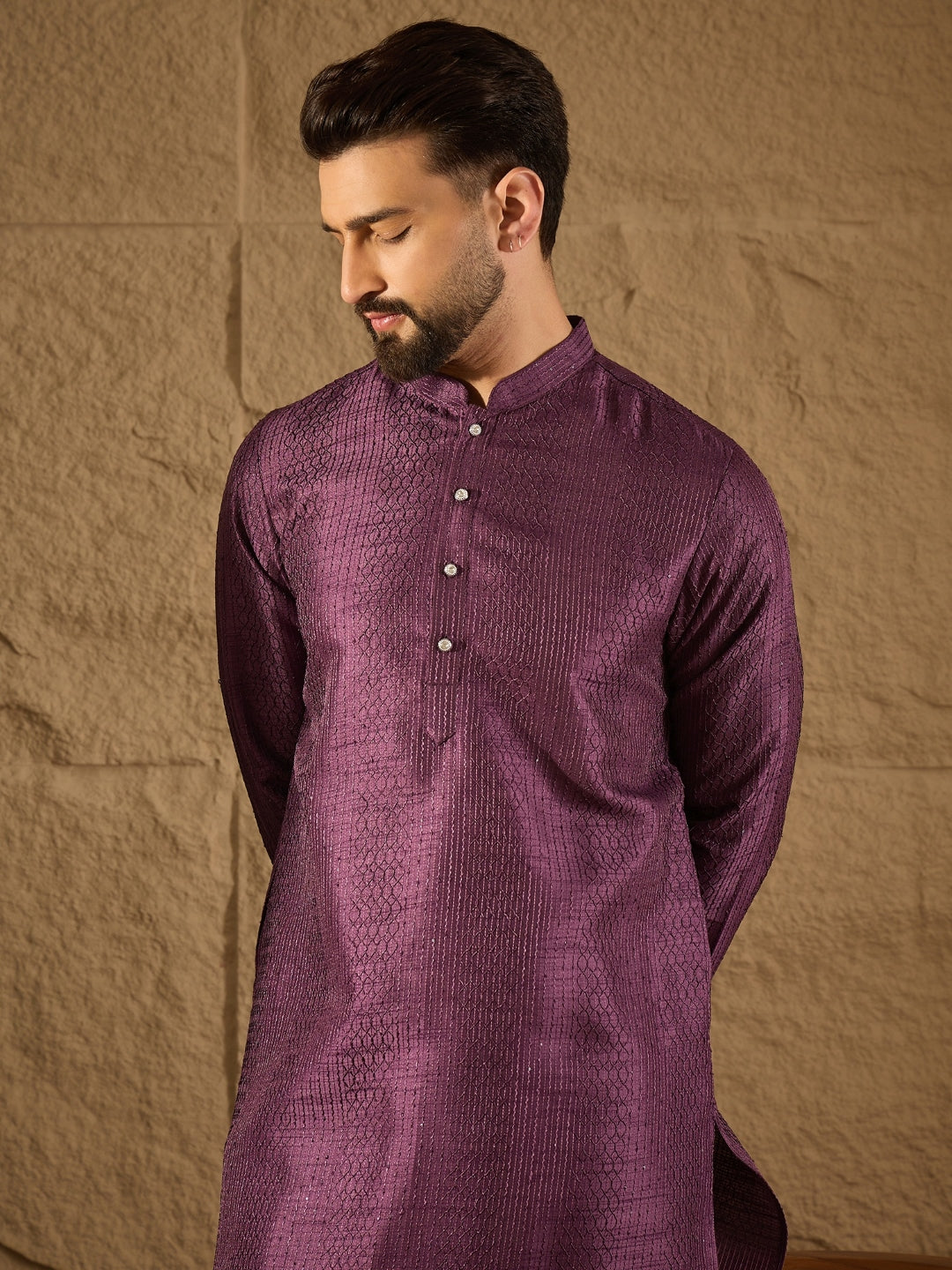 Ethnic Bay Men Purple Silk Blend Solid Embroidered Straight Kurta with Trouser-MKSET1288
