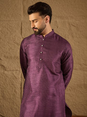 Ethnic Bay Men Purple Silk Blend Solid Embroidered Straight Kurta with Trouser-MKSET1288