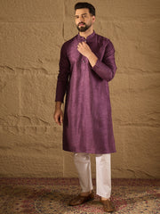 Ethnic Bay Men Purple Silk Blend Solid Embroidered Straight Kurta with Trouser-MKSET1288