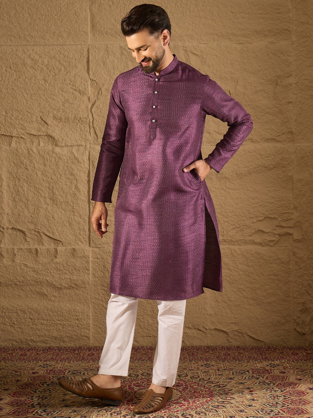 Ethnic Bay Men Purple Silk Blend Solid Embroidered Straight Kurta with Trouser-MKSET1288