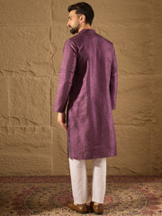 Ethnic Bay Men Purple Silk Blend Solid Embroidered Straight Kurta with Trouser-MKSET1288