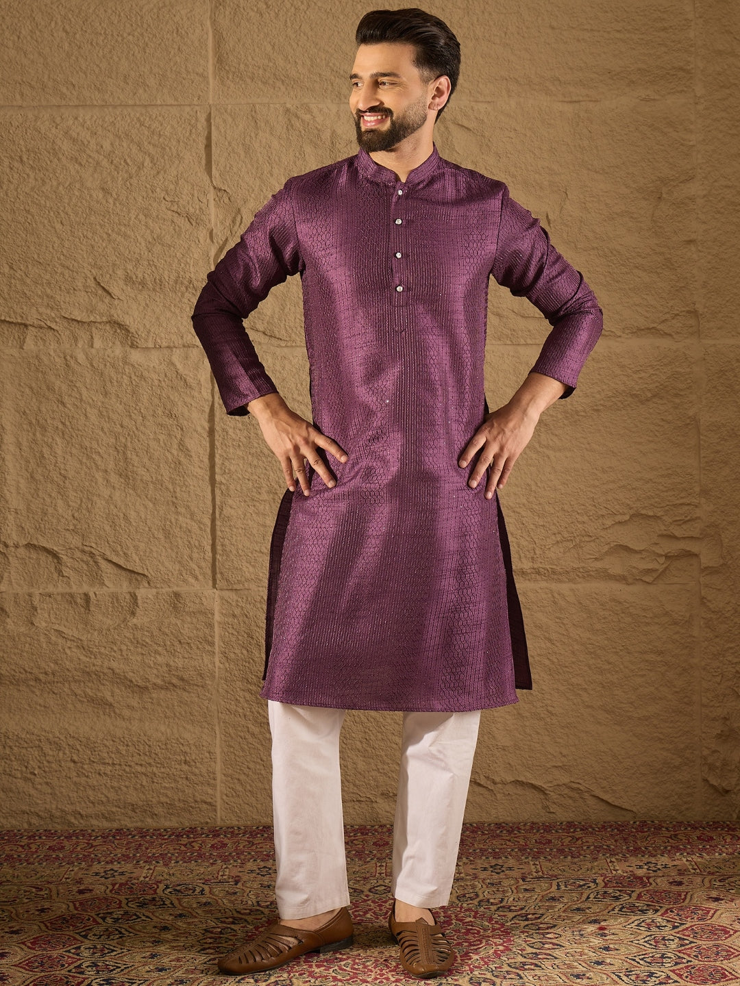 Ethnic Bay Men Purple Silk Blend Solid Embroidered Straight Kurta with Trouser-MKSET1288