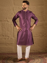 Ethnic Bay Men Purple Silk Blend Solid Embroidered Straight Kurta with Trouser-MKSET1288