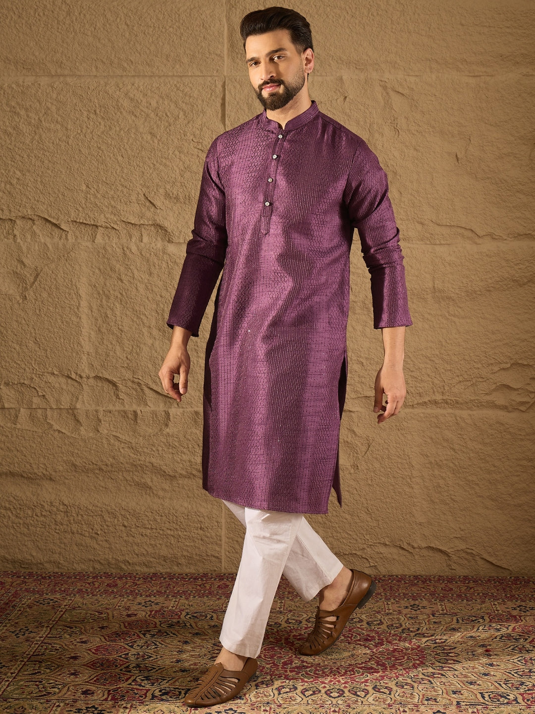 Ethnic Bay Men Purple Silk Blend Solid Embroidered Straight Kurta with Trouser-MKSET1288