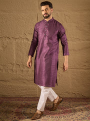 Ethnic Bay Men Purple Silk Blend Solid Embroidered Straight Kurta with Trouser-MKSET1288