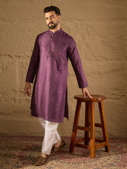 Ethnic Bay Men Purple Silk Blend Solid Embroidered Straight Kurta with Trouser-MKSET1288