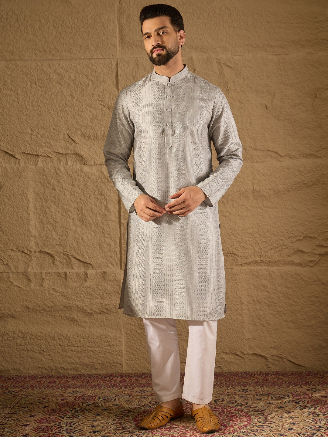 Ethnic Bay Men Grey Silk Blend Solid Embroidered Straight Kurta with Trouser-MKSET1289