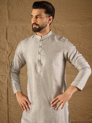 Ethnic Bay Men Grey Silk Blend Solid Embroidered Straight Kurta with Trouser-MKSET1289