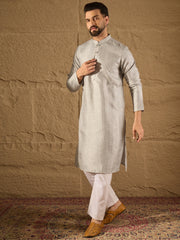 Ethnic Bay Men Grey Silk Blend Solid Embroidered Straight Kurta with Trouser-MKSET1289
