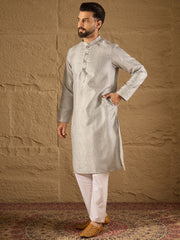 Ethnic Bay Men Grey Silk Blend Solid Embroidered Straight Kurta with Trouser-MKSET1289