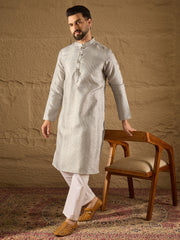 Ethnic Bay Men Grey Silk Blend Solid Embroidered Straight Kurta with Trouser-MKSET1289