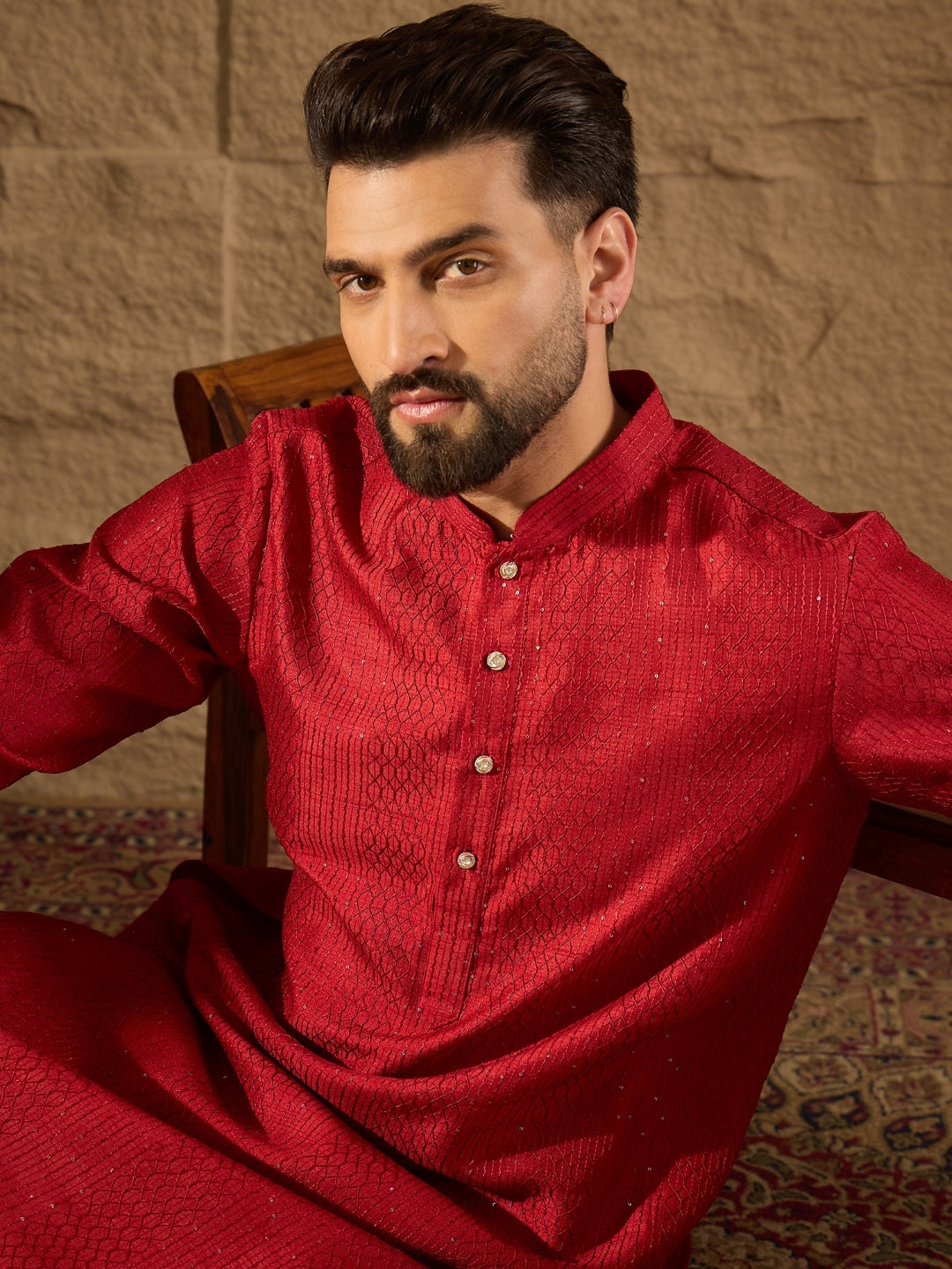 Ethnic Bay Men Red Silk Blend Solid Embroidered Straight Kurta with Trouser-MKSET1290