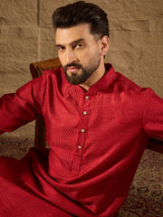 Ethnic Bay Men Red Silk Blend Solid Embroidered Straight Kurta with Trouser-MKSET1290