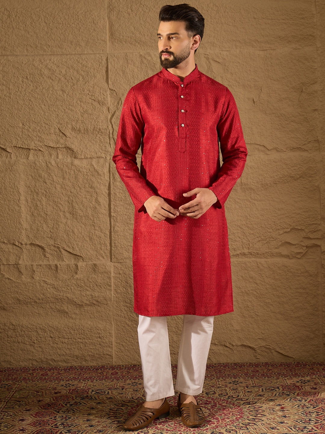 Ethnic Bay Men Red Silk Blend Solid Embroidered Straight Kurta with Trouser-MKSET1290