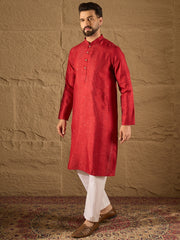 Ethnic Bay Men Red Silk Blend Solid Embroidered Straight Kurta with Trouser-MKSET1290