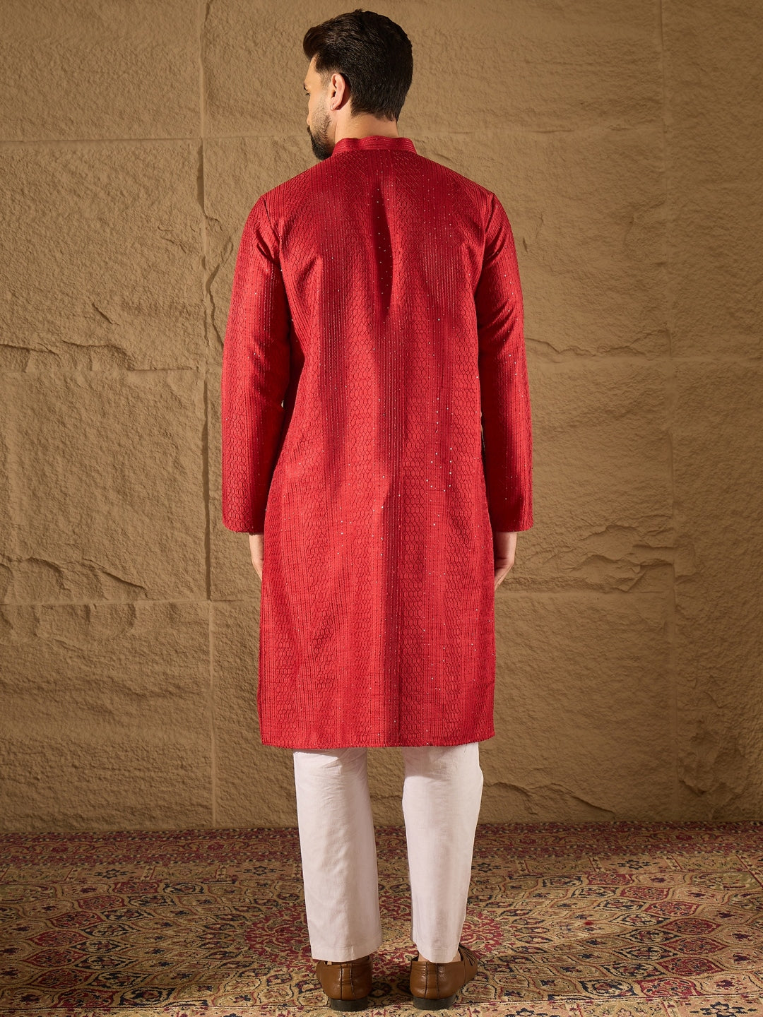 Ethnic Bay Men Red Silk Blend Solid Embroidered Straight Kurta with Trouser-MKSET1290
