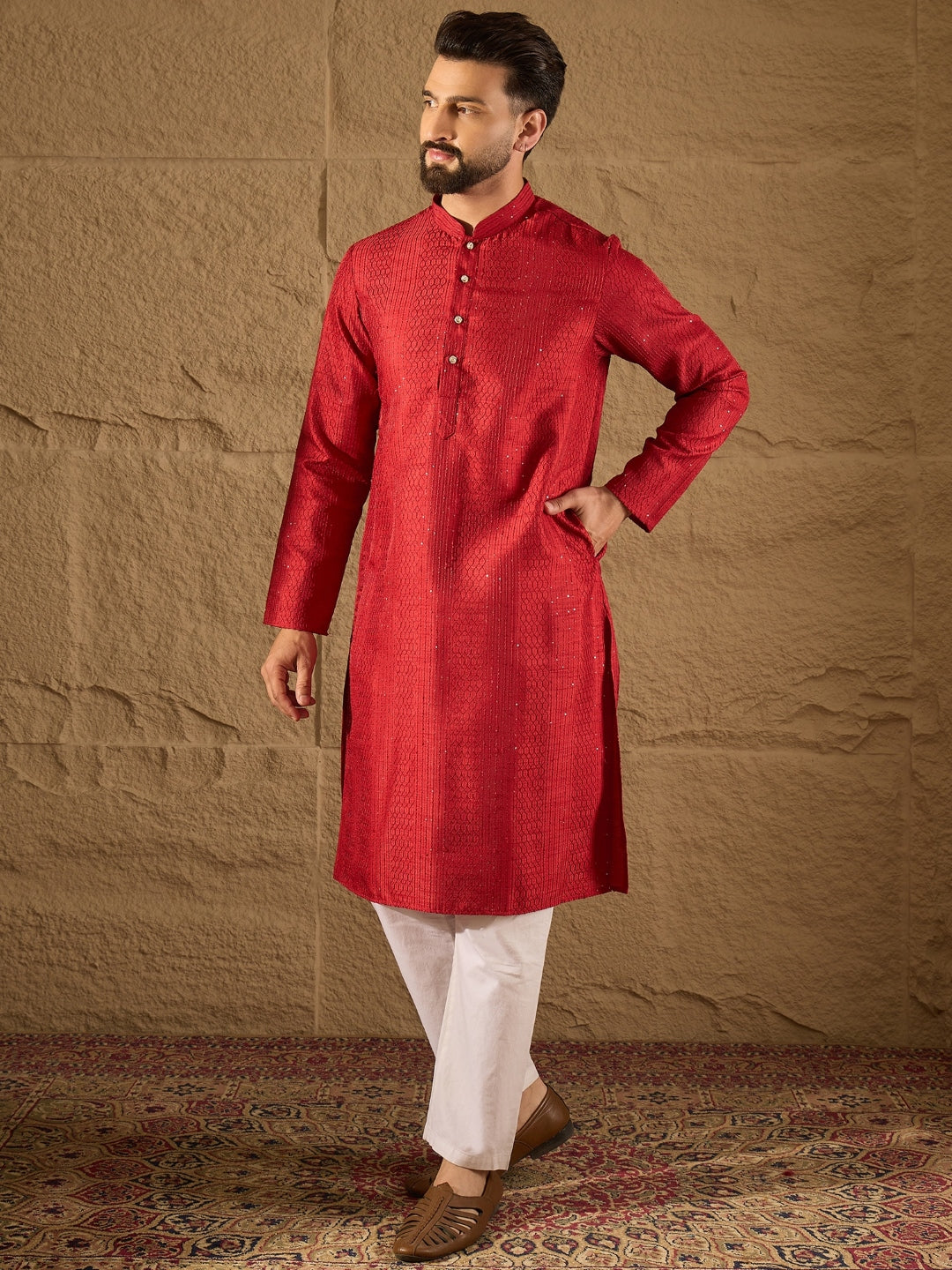 Ethnic Bay Men Red Silk Blend Solid Embroidered Straight Kurta with Trouser-MKSET1290