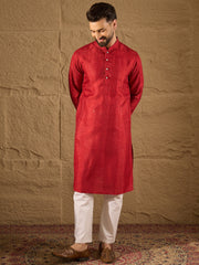 Ethnic Bay Men Red Silk Blend Solid Embroidered Straight Kurta with Trouser-MKSET1290