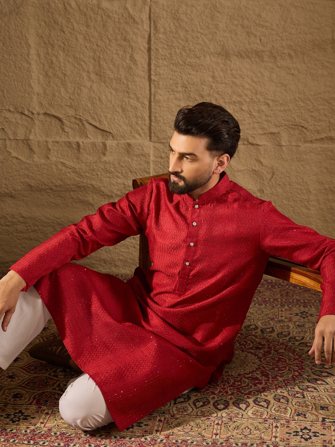 Ethnic Bay Men Red Silk Blend Solid Embroidered Straight Kurta with Trouser-MKSET1290