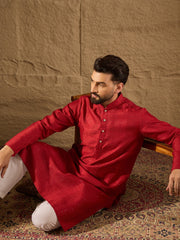 Ethnic Bay Men Red Silk Blend Solid Embroidered Straight Kurta with Trouser-MKSET1290
