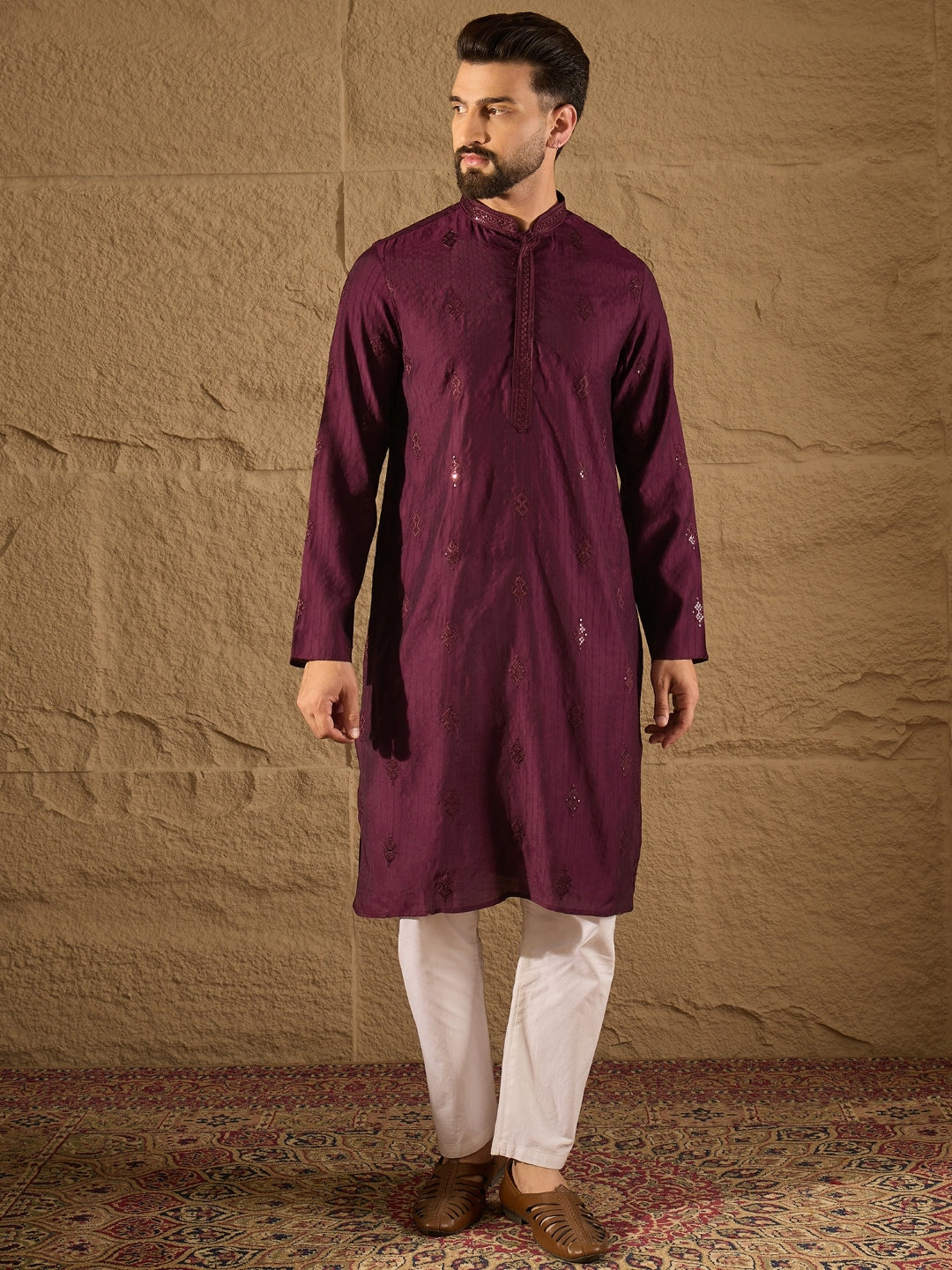 Ethnic Bay Men Purple Viscose Rayon Solid Embroidered Straight Kurta with Trouser-MKSET1291