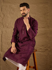 Ethnic Bay Men Purple Viscose Rayon Solid Embroidered Straight Kurta with Trouser-MKSET1291