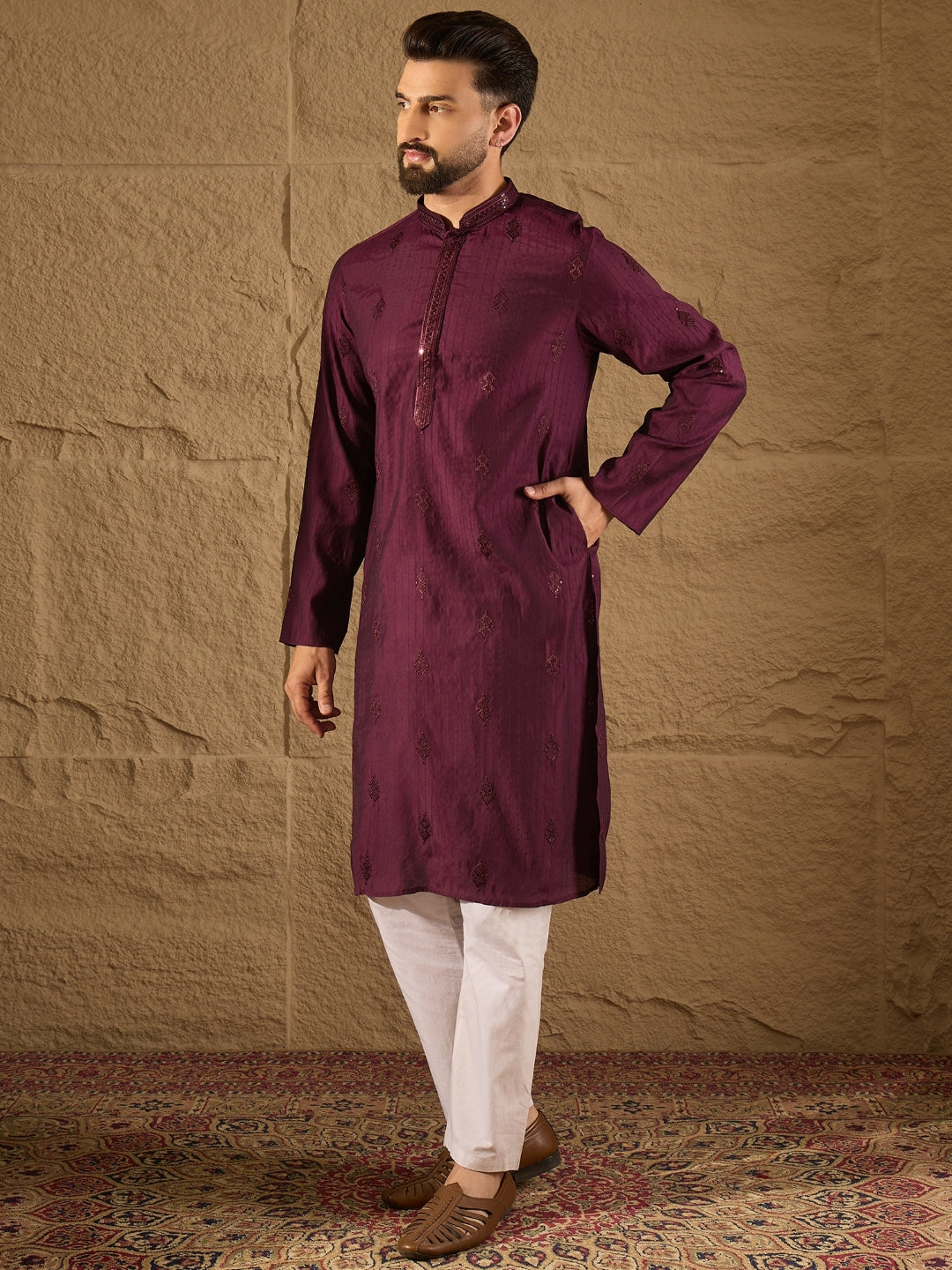 Ethnic Bay Men Purple Viscose Rayon Solid Embroidered Straight Kurta with Trouser-MKSET1291