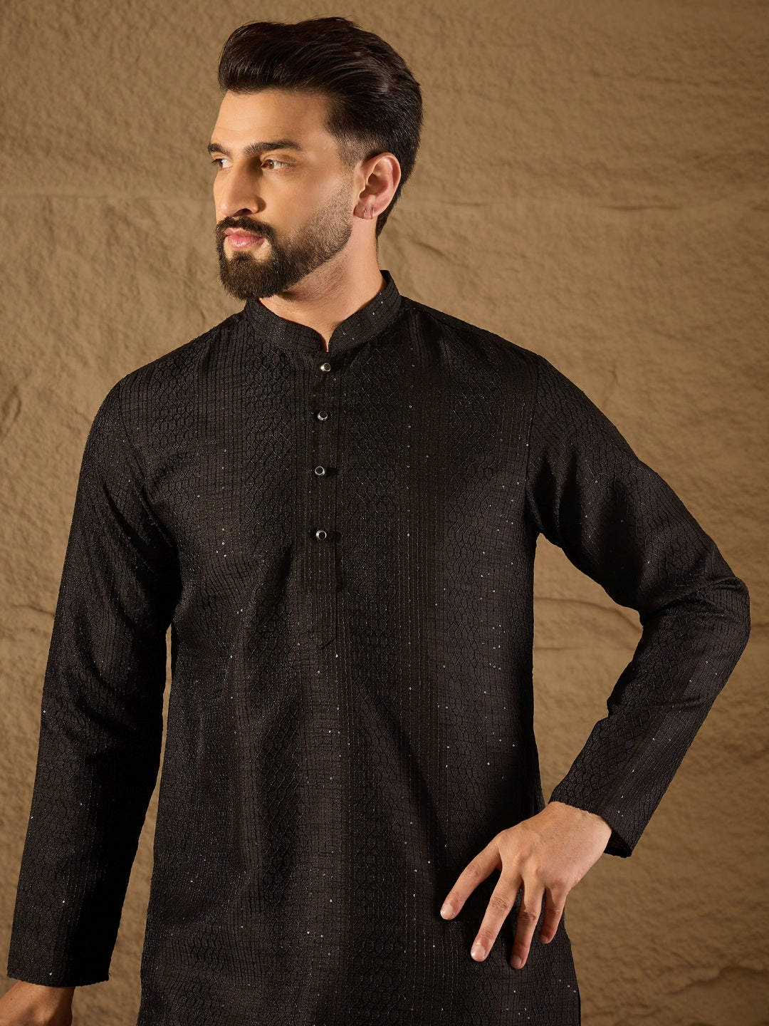 Ethnic Bay Men Black Silk Blend Solid Embroidered Straight Kurta with Trouser-MKSET1292