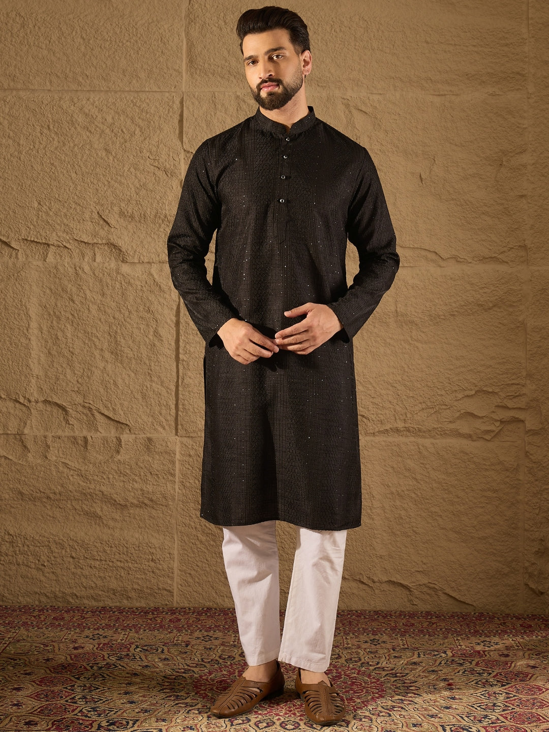 Ethnic Bay Men Black Silk Blend Solid Embroidered Straight Kurta with Trouser-MKSET1292