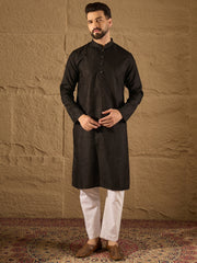 Ethnic Bay Men Black Silk Blend Solid Embroidered Straight Kurta with Trouser-MKSET1292
