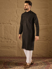 Ethnic Bay Men Black Silk Blend Solid Embroidered Straight Kurta with Trouser-MKSET1292