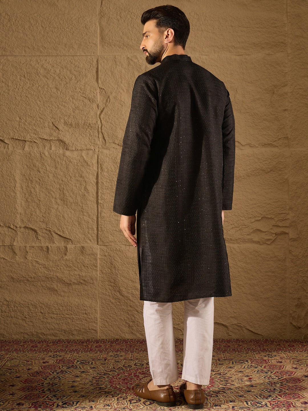 Ethnic Bay Men Black Silk Blend Solid Embroidered Straight Kurta with Trouser-MKSET1292
