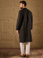 Ethnic Bay Men Black Silk Blend Solid Embroidered Straight Kurta with Trouser-MKSET1292