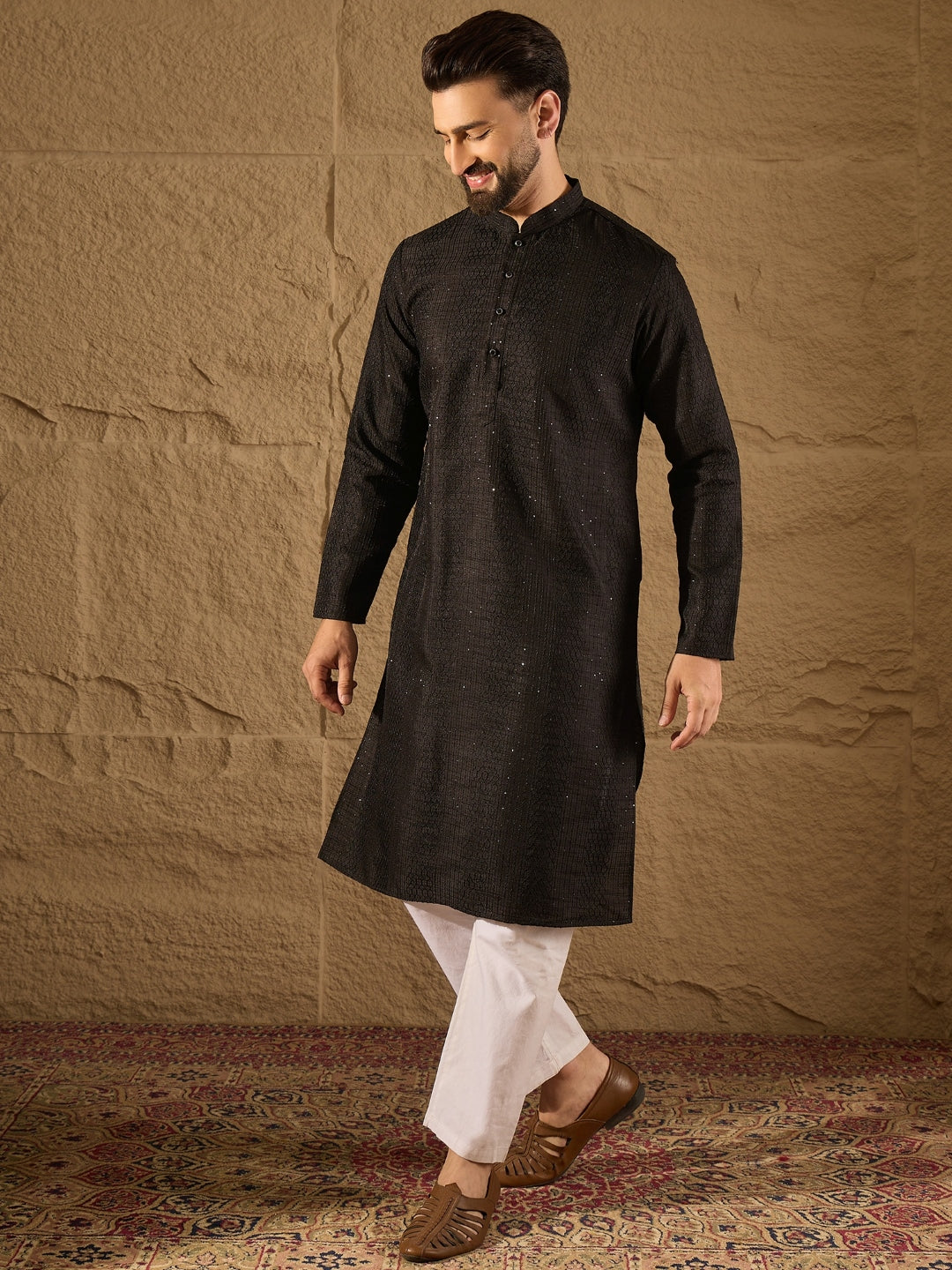 Ethnic Bay Men Black Silk Blend Solid Embroidered Straight Kurta with Trouser-MKSET1292