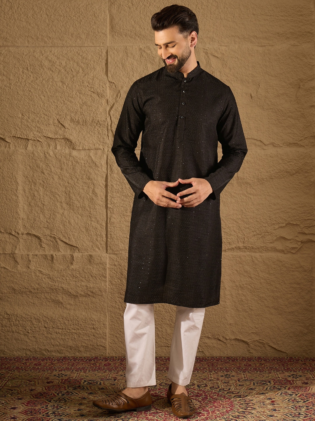 Ethnic Bay Men Black Silk Blend Solid Embroidered Straight Kurta with Trouser-MKSET1292