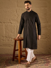 Ethnic Bay Men Black Silk Blend Solid Embroidered Straight Kurta with Trouser-MKSET1292