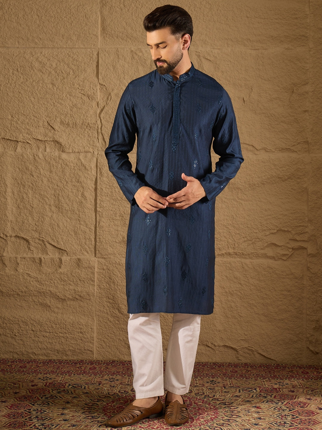Ethnic Bay Men Blue Viscose Rayon Solid Embroidered Straight Kurta with Trouser-MKSET1293