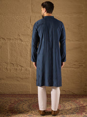Ethnic Bay Men Blue Viscose Rayon Solid Embroidered Straight Kurta with Trouser-MKSET1293