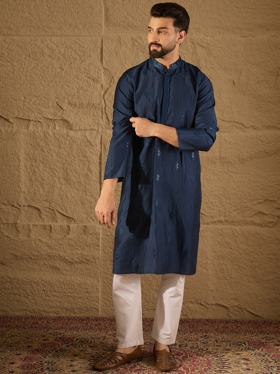 Ethnic Bay Men Blue Viscose Rayon Solid Embroidered Straight Kurta with Trouser-MKSET1293
