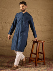 Ethnic Bay Men Blue Viscose Rayon Solid Embroidered Straight Kurta with Trouser-MKSET1293