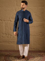 Ethnic Bay Men Blue Viscose Rayon Solid Embroidered Straight Kurta with Trouser-MKSET1293