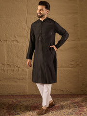 Ethnic Bay Men Black Viscose Rayon Solid Embroidered Straight Kurta with Trouser-MKSET1294