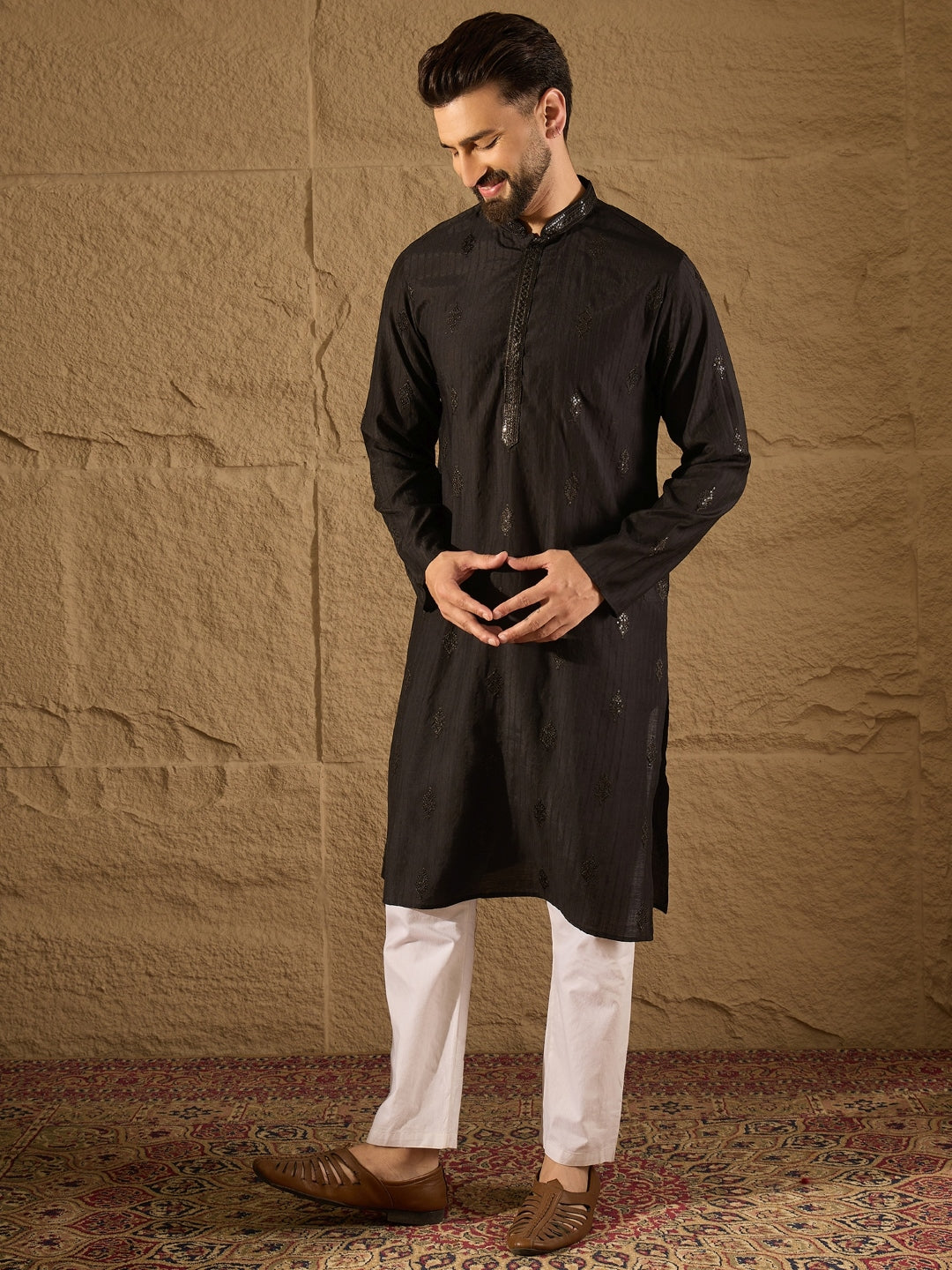 Ethnic Bay Men Black Viscose Rayon Solid Embroidered Straight Kurta with Trouser-MKSET1294