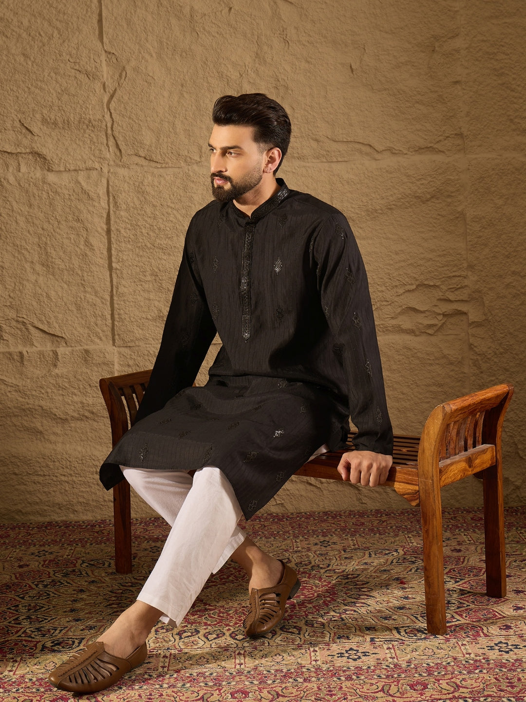 Ethnic Bay Men Black Viscose Rayon Solid Embroidered Straight Kurta with Trouser-MKSET1294